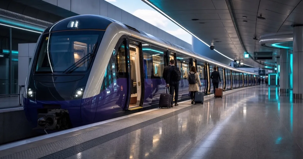 Elizabeth line train at a Heathrow airport station platform, comparing the cheapest ways to get to Heathrow in 2026 by train, coach and taxi