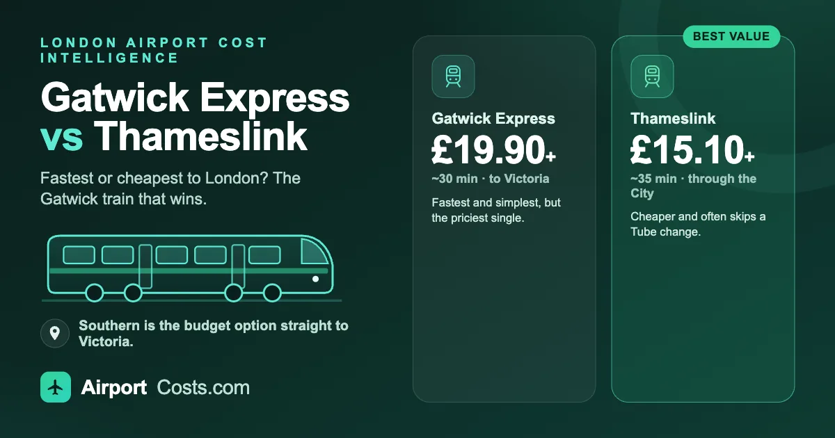 Gatwick Express from £19.90 to Victoria in about 30 minutes versus Thameslink from £15.10 through central London - cheapest Gatwick to London train compared by AirportCosts.com