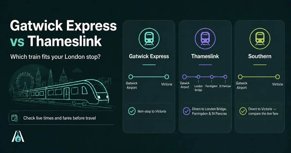 Gatwick Express, Thameslink and Southern compared by London destination, journey time and live ticket type