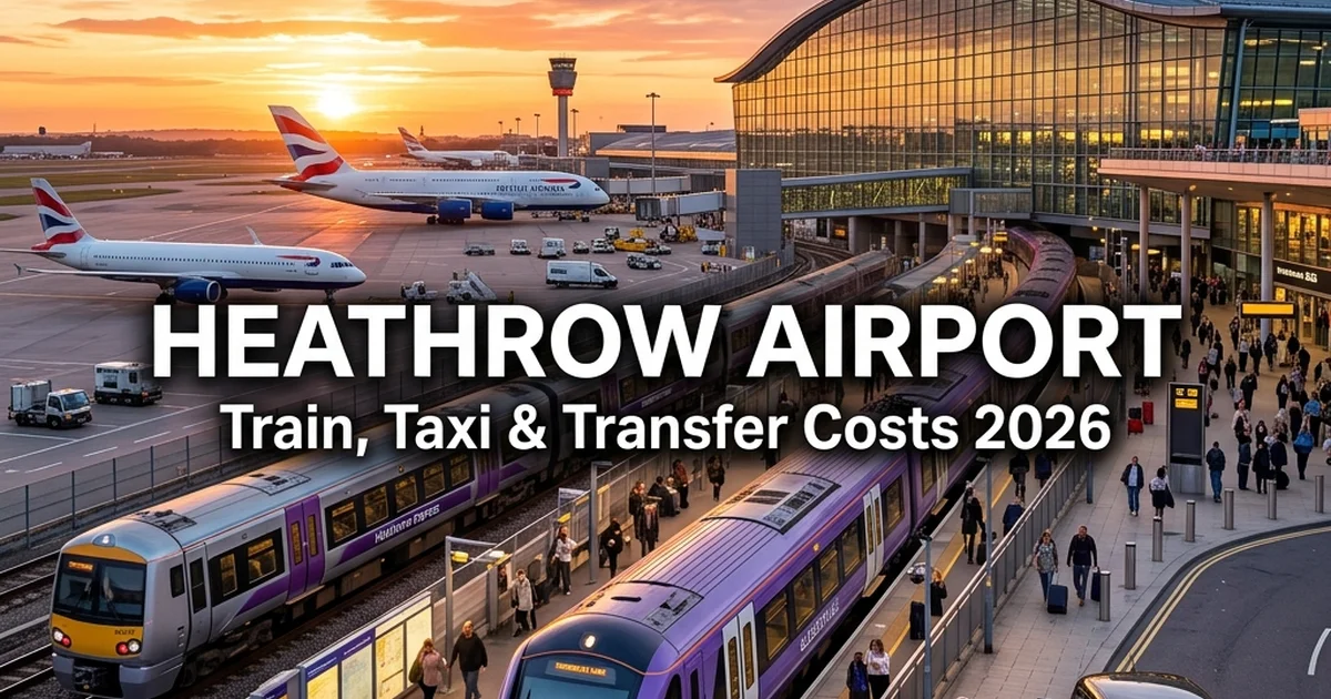 Heathrow Airport with Elizabeth Line and Heathrow Express trains at Terminal 5 during golden hour - Compare train, taxi and transfer costs from £5.90 by AirportCosts.com