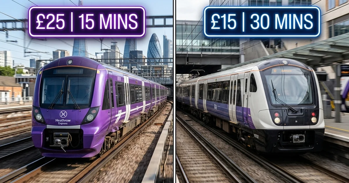 Heathrow Express costs £26 and takes 15 minutes to Paddington, the Elizabeth line costs £15.50 in about 30 minutes, and the Piccadilly line is from £5.90 - London airport train cost comparison by AirportCosts.com