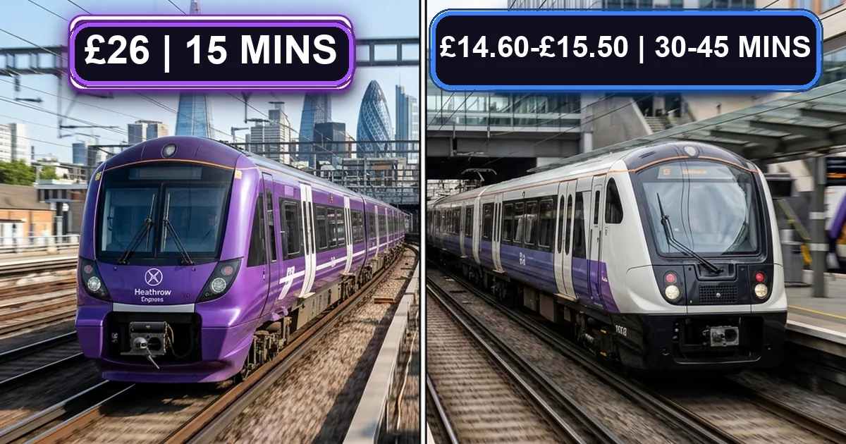 Heathrow Express costs £26 and takes 15 minutes to Paddington, the Elizabeth line costs £14.60 to £15.50 in 30 to 45 minutes, and the Piccadilly line costs £5.90 for Heathrow to Zone 1 - London airport train cost comparison by AirportCosts.com