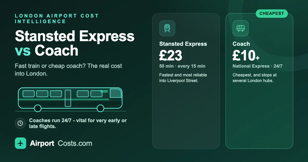 Stansted Express £23 and 50 minutes to Liverpool Street versus National Express coach from £10 running 24/7 - cheapest way from Stansted to London compared by AirportCosts.com